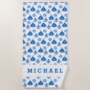 Add Your Name Cartoon Sail Boat Pattern Beach Towel