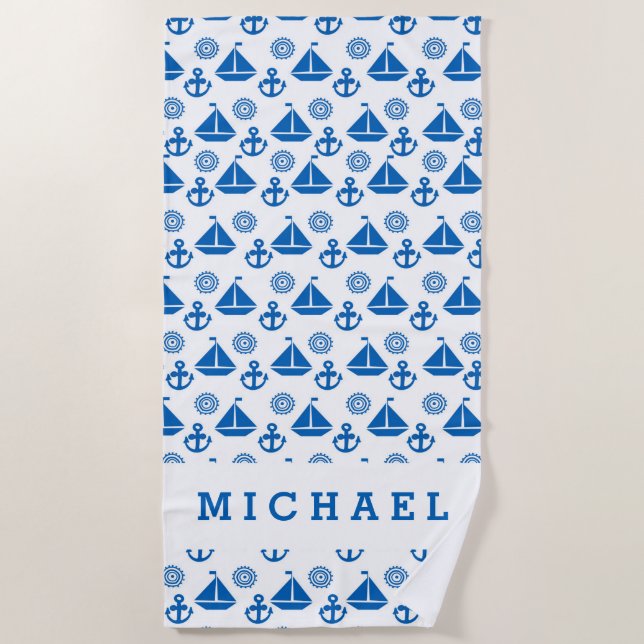 Add Your Name | Cartoon Sail Boat Pattern Beach Towel (Front)