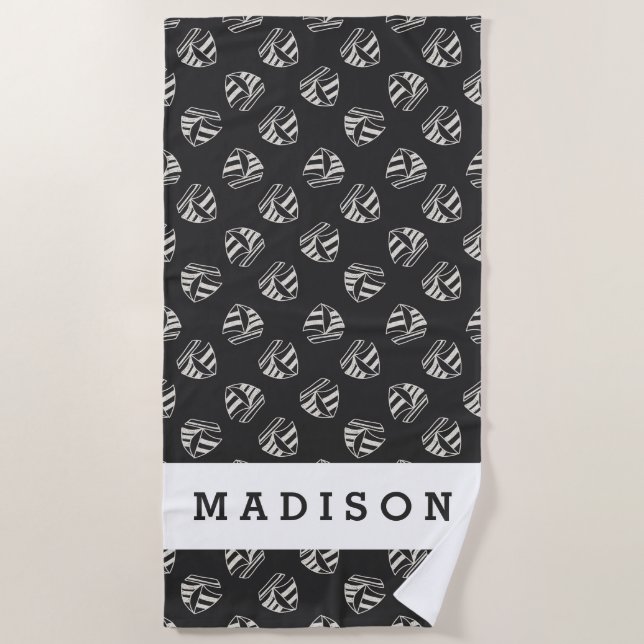 Add Your Name | Chalk Drawn Sailboat Pattern Beach Towel (Front)