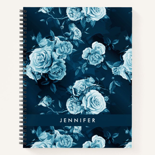 Add Your Name | Classic Blue Rose Pattern Notebook (Front)