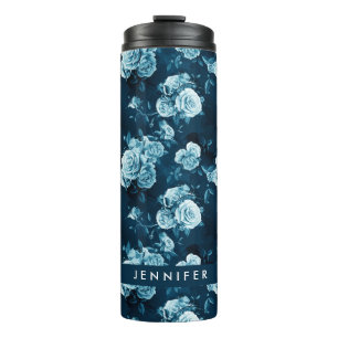 Add Your Name Classic Blue Rose Pattern Thermal Tumbler