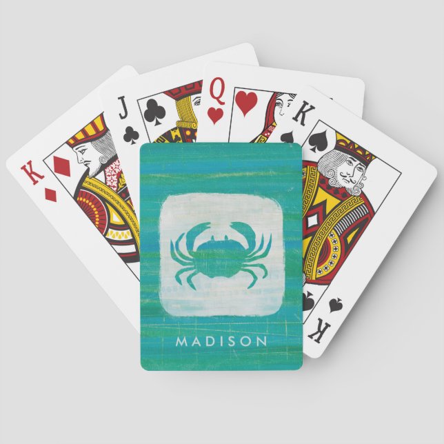 Add Your Name | Coastal | Aqua Crab Playing Cards (Back)