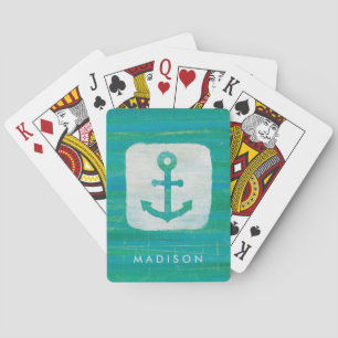 Add Your Name   Coastal Art   Aqua Anchor Playing Cards