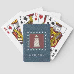 Add Your Name   Coastal Art   Lighthouse on Red Playing Cards