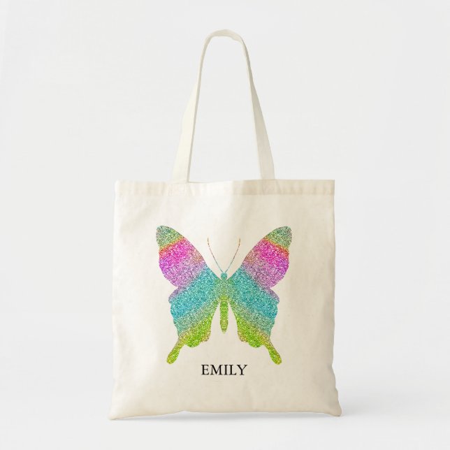 Add Your Name Colourful Glitter Butterfly Tote Bag (Front)