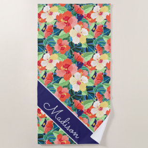 Add Your Name Colourful Hibiscus Pattern Beach Towel