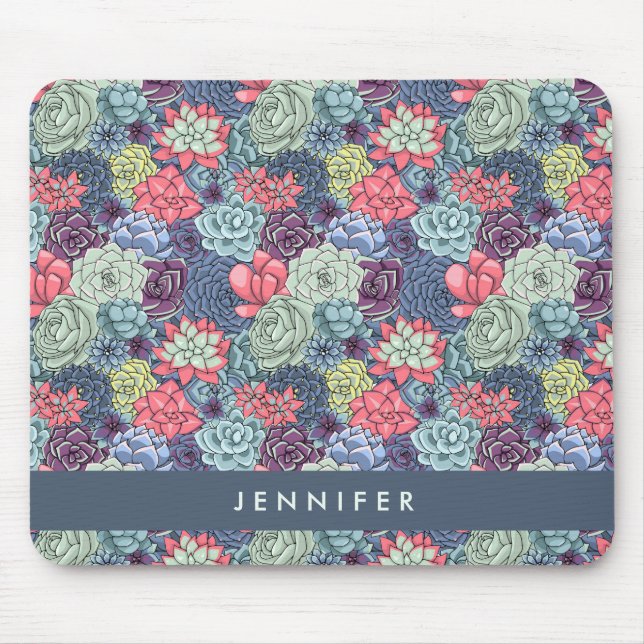 Add Your Name | Colourful Succulent Pattern Mouse Pad (Front)