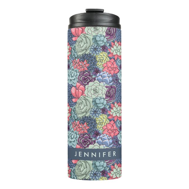 Add Your Name | Colourful Succulent Pattern Thermal Tumbler (Front)