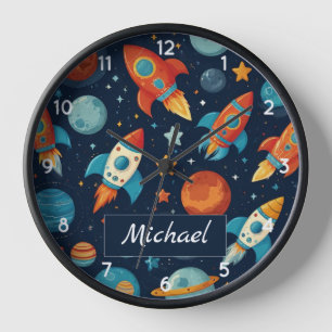 Add Your Name Cool Rocket Ship Space and Planets Clock