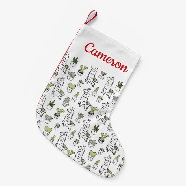 Add Your Name | Cute Alpaca & Cactus Pattern Small Christmas Stocking (Front (Hanging))