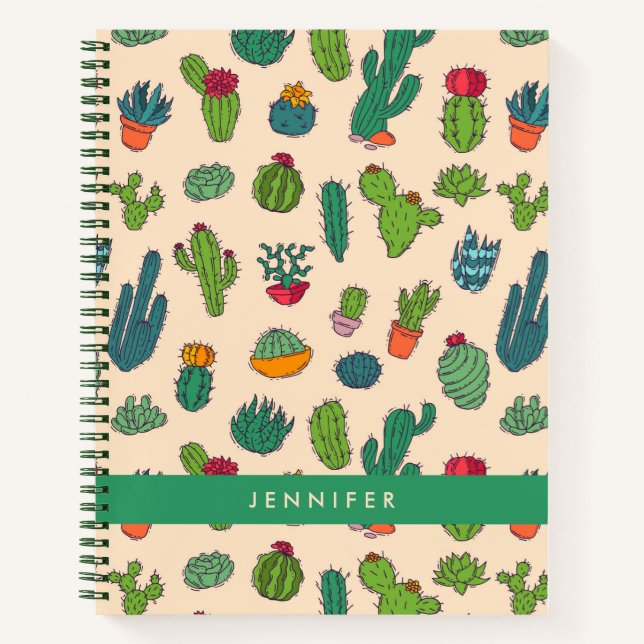 Add Your Name | Cute Cactus Standing Pattern Notebook (Front)