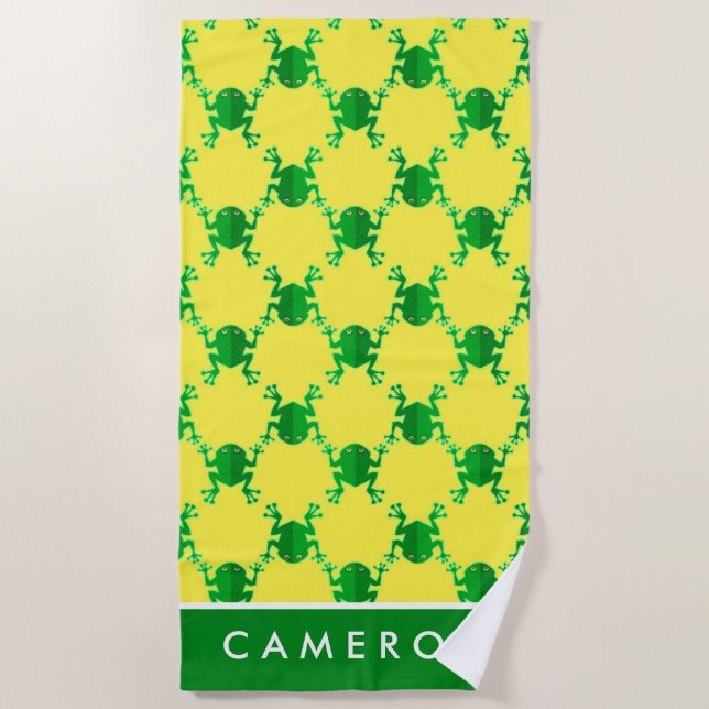 Add Your Name | Cute Cartoon Frogs Beach Towel (Front)