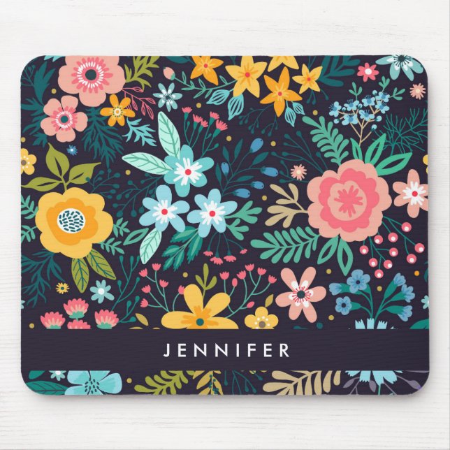 Add Your Name | Cute Colourful Floral Pattern Mouse Pad (Front)