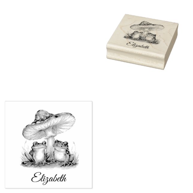 Add Your Name Cute Frog and Mushrooms   Rubber Stamp (Stamped)