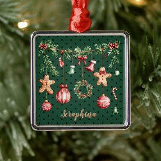 Add Your Name Cute Green Christmas Garland Metal Ornament