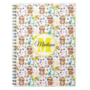 Add Your Name Cute Hearts Stars Sloth Pattern Notebook