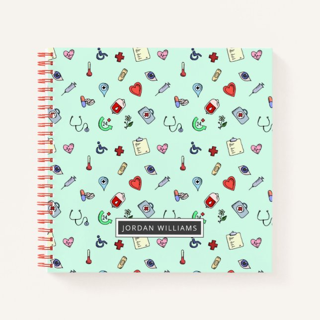 Add Your Name | Cute Medical Icon Pattern Notebook (Front)