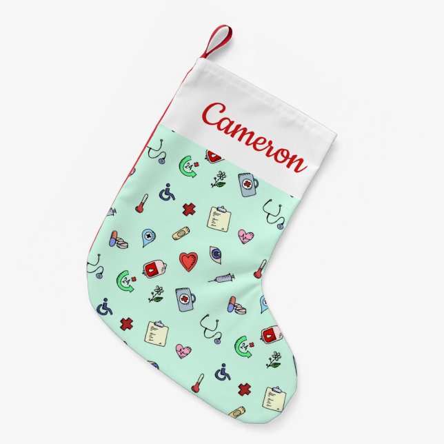 Add Your Name | Cute Medical Icon Pattern Small Christmas Stocking (Front (Hanging))