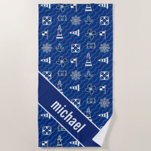 Add Your Name Cute Nautical Waves Pattern Beach Towel