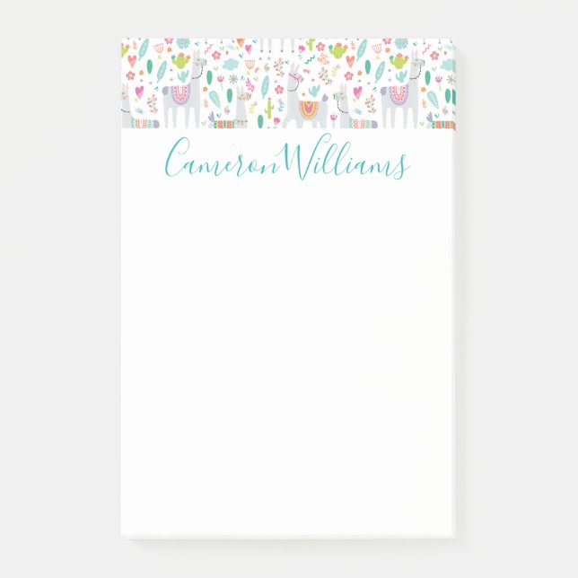 Add Your Name | Cute Pastel Llama Pattern Post-it Notes (Front)