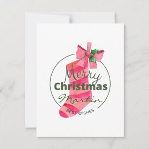Add your name cute pink Christmas sock script chic Card