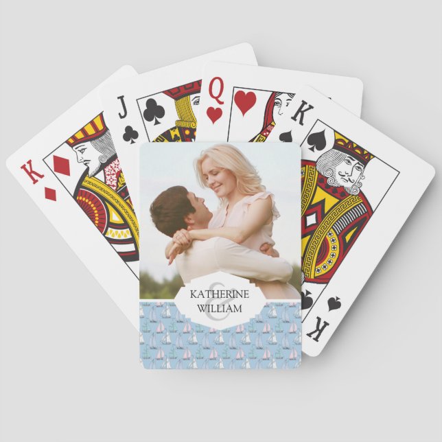 Add Your Name | Cute Sailboat Pattern | Monogram Playing Cards (Back)