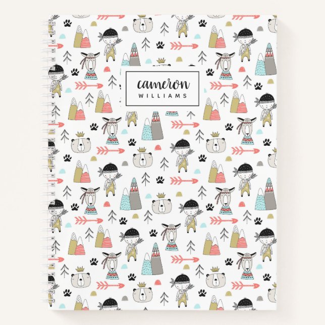 Add Your Name | Cute Woodland Animals & Indian Boy Notebook (Front)