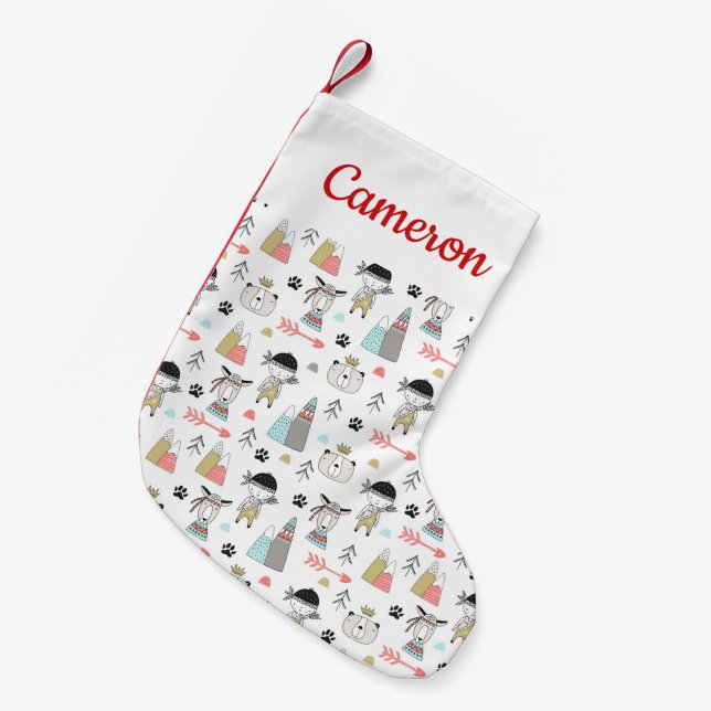 Add Your Name | Cute Woodland Animals & Indian Boy Small Christmas Stocking (Front (Hanging))