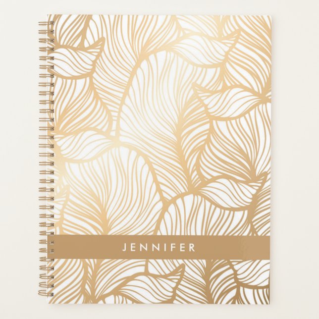Add Your Name | Damask Gold Floral Pattern Planner (Front)