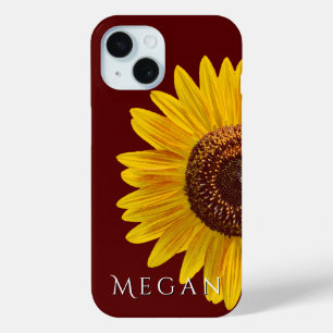 Add Your Name Deep Maroon Red Close Up Sunflower  iPhone 15 Case