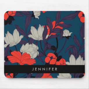 Add Your Name Elegant Blue & Red Floral Pattern Mouse Pad
