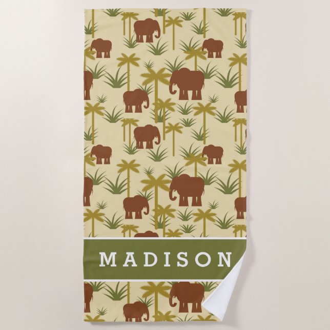 Add Your Name | Elephants And Palms In Camouflage Beach Towel (Front)