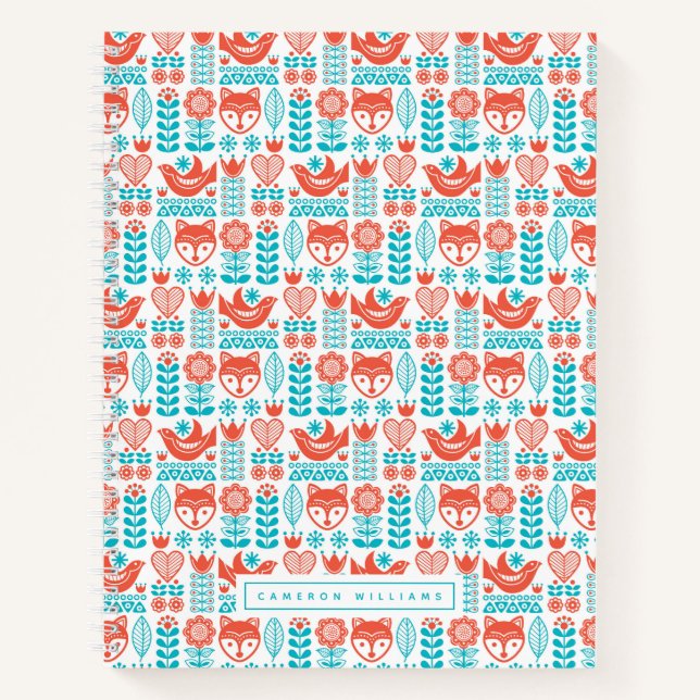 Add Your Name | Finnish Fox & Bird Folk Art Notebook (Front)