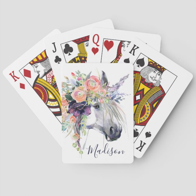Add Your Name | Floral Dressed Unicorn Playing Cards (Back)