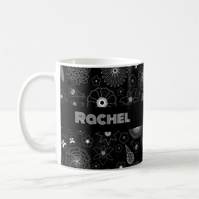 Add Your Name Floral Outline Black & White Pattern Coffee Mug (Left)