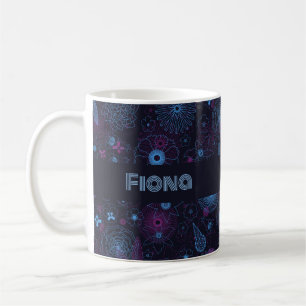 Add Your Name Floral Outline Blue & Purple Pattern Coffee Mug