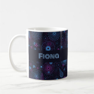 Add Your Name Floral Outline Blue & Purple Pattern Coffee Mug