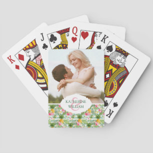 Add Your Name Flowers & Pineapple Teal Stripes Playing Cards