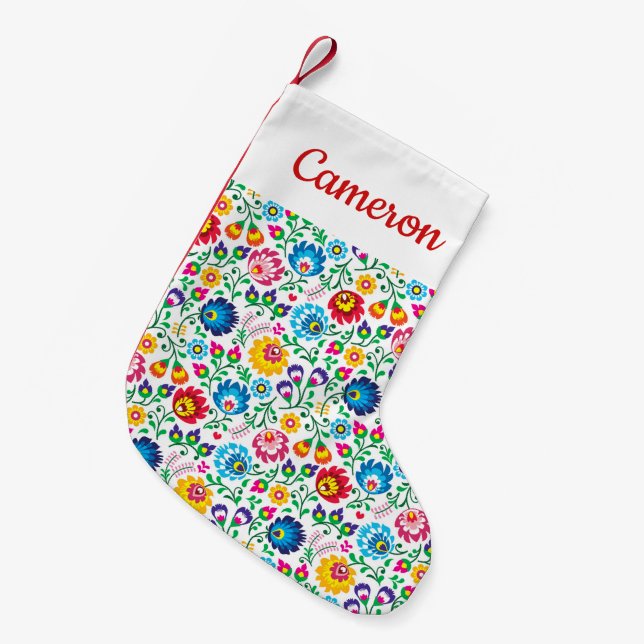Add Your Name | Folk Art Flower Pattern Small Christmas Stocking (Front (Hanging))