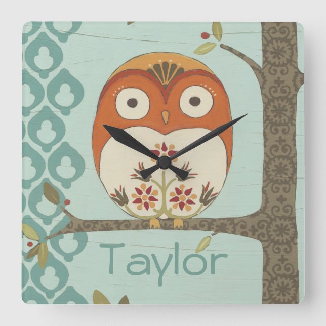 Add Your Name | Forest Whimsy I Square Wall Clock (Front)