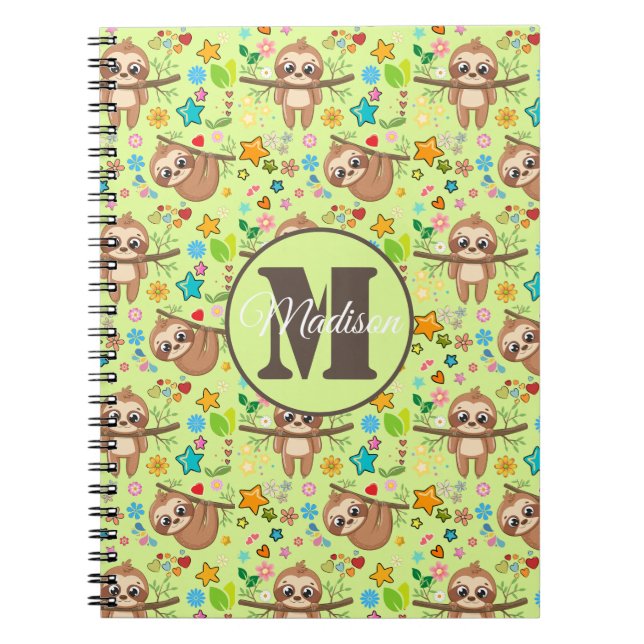 Add Your Name | Funny Floral Sloth Pattern Notebook (Front)