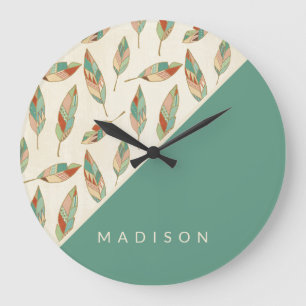 Add Your Name   Geometric Feather Pattern Large Clock