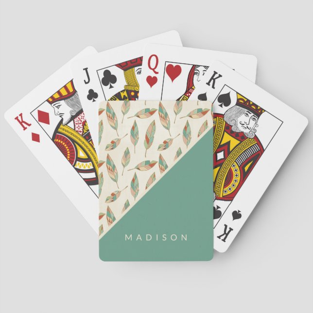 Add Your Name | Geometric Feather Pattern Playing Cards (Back)