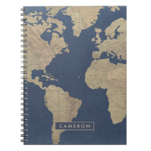 Add Your Name   Gold and Blue World Map Notebook