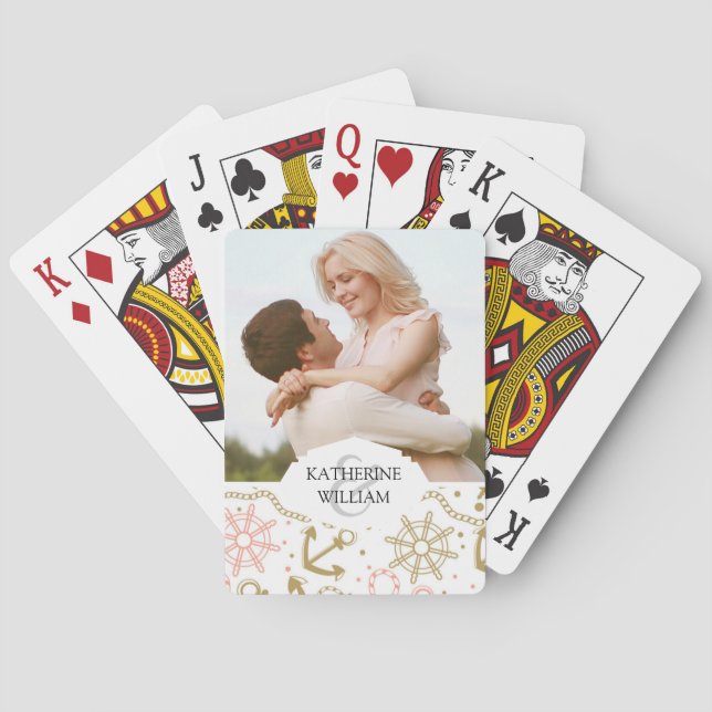 Add Your Name | Golden Anchor Pattern Playing Cards (Back)