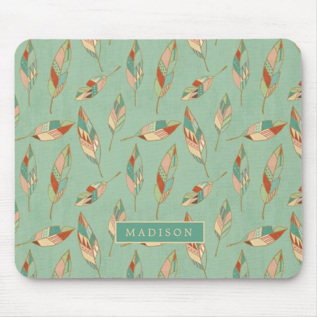 Add Your Name | Green Feather Pattern Mouse Pad (Front)