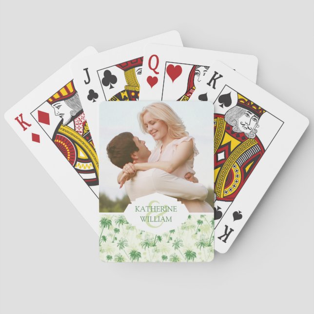 Add Your Name | Green Palm Tree Pattern Playing Cards (Back)