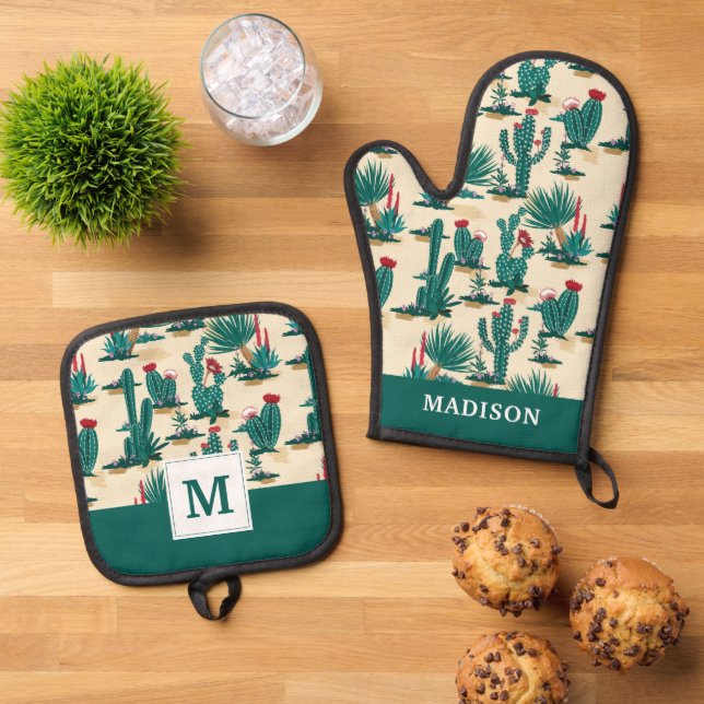 Add Your Name | Green & Red Cactus Pattern Oven Mitt & Pot Holder Set (Top Down)