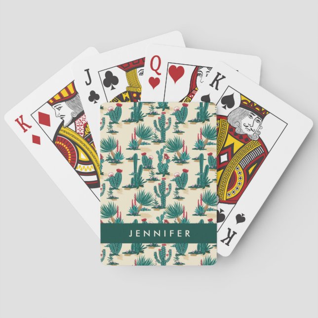 Add Your Name | Green & Red Cactus Pattern Playing Cards (Back)