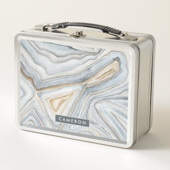 Add Your Name | Grey Marbled Abstract Design Metal Lunch Box (Front)